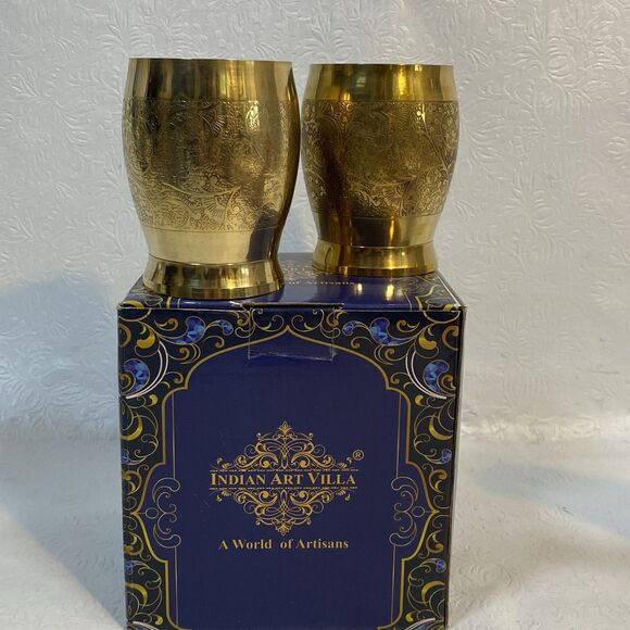 2 Indian Art Villa Decorative Brass Cups - Picture 2 of 14